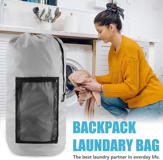 Laundry Bag Backpack, 2PCS Extra Large Travel Laundry Bag with Mesh Pocket & Adjustable Shoulder Straps,Dirty Clothes Travel Bag for College Students Dorm,Apartment(Light Gray)