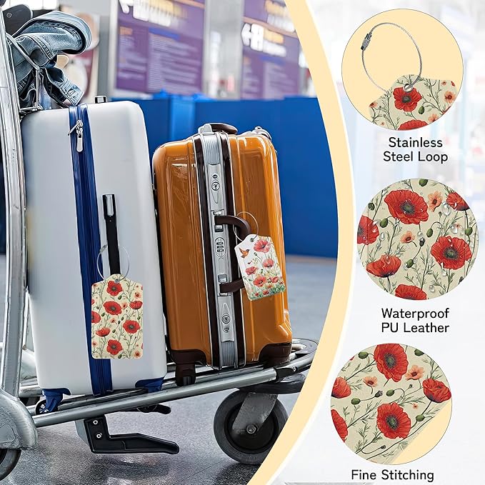 3 PCS Red Poppy Flower Luggage Tags,Suitcase Tags Privacy Cover ID Label with Stainless Steel Loop and Address Card for Travel Bag Suitcase