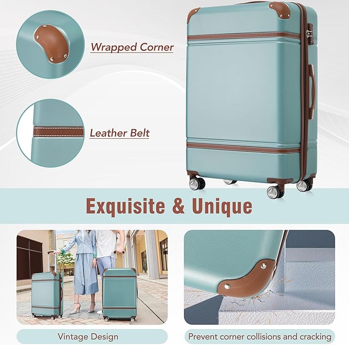 Merax Luggage Set 3 Piece Suitcase Set with Cosmetic Case Expandable Spinner Wheels Vintage Luggage Sets (Blue Green,20"+24"+28")