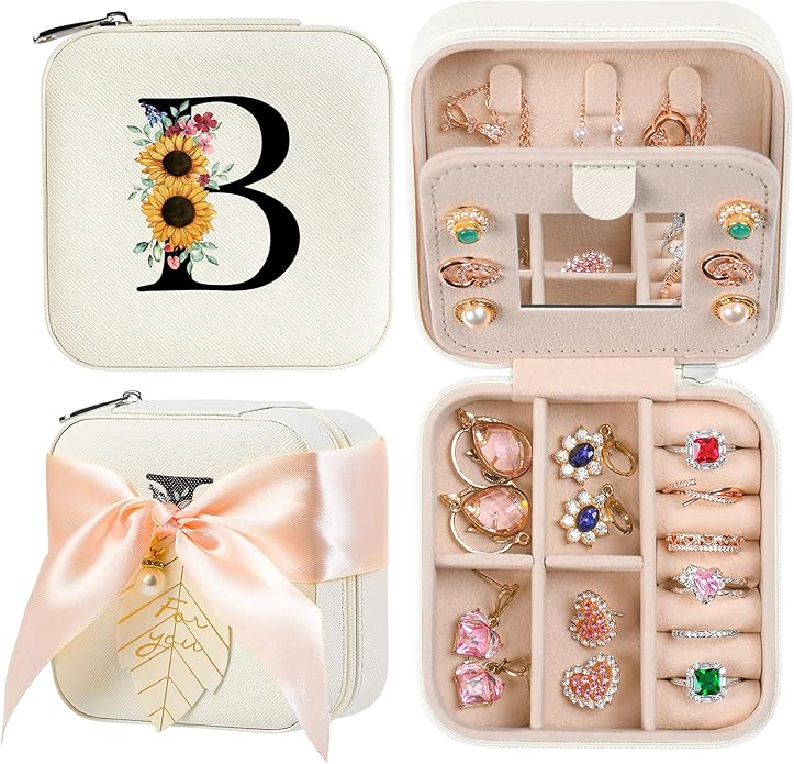 AYGXU Travel Jewelry Box for Women and Girls - Small Case With Initial A-Z - Teacher Gifts