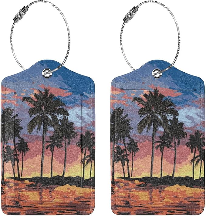2Pcs Summer Palm Tree Luggage Tags, Beach Landscape Name ID Identifier Labels for Suitcase Baggage Travel Bag, Aesthetic Leather Bag Tags with Loop