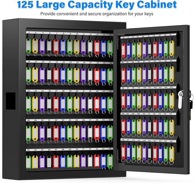 125 Keys Key Lock Box Wall Mount, Anti-Theft Key Organizer with Colored Key Tags and Key Drop Slot, Conveniently Key Cabinet for Car Garage House Rental Office Business