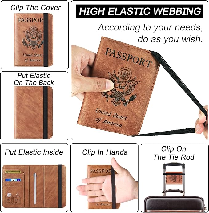 Passport Holder Cover Wallet Travel Essentials Leather Rfid Blocking Case Vacation Luggage Must Haves Travel Accessories for Men Women (116#Brown)