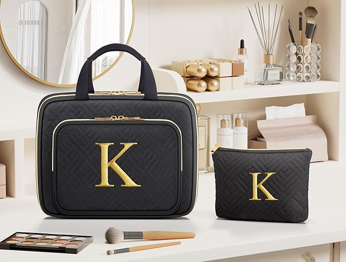 Gifts for Women, Initial Toiletry Makeup Bag Hanging Cosmetic Organizer with Embroidery Letter Personalized Nurse Teacher Appreciation Gift Birthday Christmas Gifts for Mom Sister Wife Friend Auntie