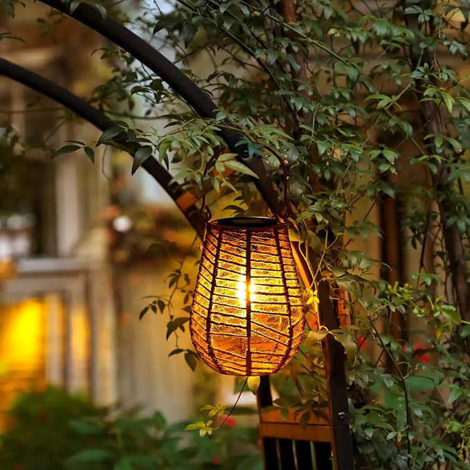 HPC Decor 2 PK Solar Lanterns - Outdoor Waterproof, Hemp Rope Solar Lights,Hanging Solar Lanterns Outdoor,Solar Lamp Lights,Decoration for Garden, Patio, Porch, Trees, Pathway,Outside.