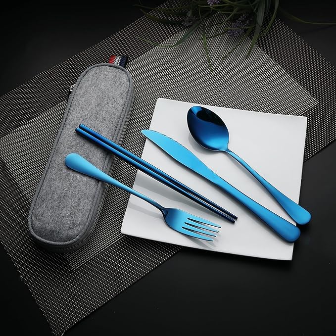 DEVICO Camping Utensils, Portable Travel Utensils with Case, Stainless Steel Reusable Silverware for Lunch Adult, 5Pcs Cutlery Set Includes Knife Spoon Fork Chopsticks and Case (Blue)