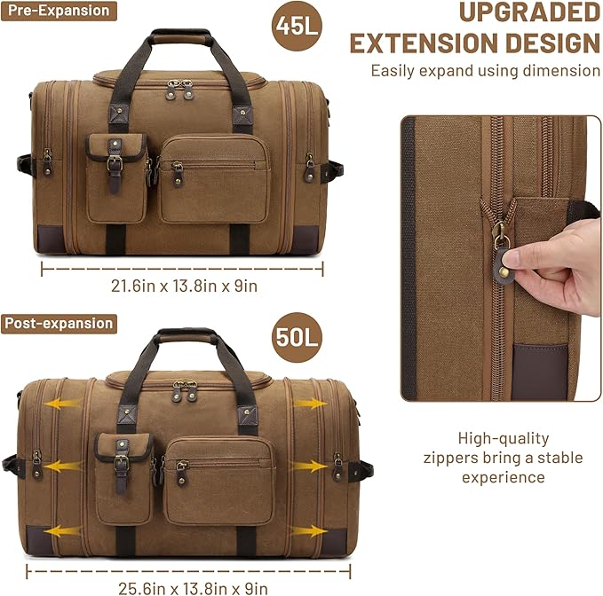 Travel Duffle Bag for Men, Heavy Duty Canvas Duffle Bag, Carryon Bags for Airplanes, Expandable Vintage Leather Overnight Luggage Weekender Bag, Waterproof Anti-tear Canvas Bag