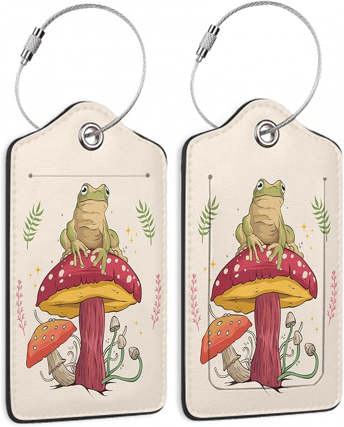 2 Pack Luggage Tags for Suitcase,Frog Sitting On Mushroom Leather Luggage Tag Bag Tags Identifiers Privacy Cover Id Label with Steel Loop for Women Men Girls Boys Travel