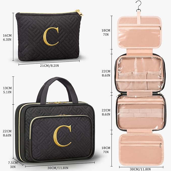 Personalized Gifts for Women, Initial Toiletry Bag Hanging Travel Organizer & Makeup Cosmetic Bag with Embroidery Letter Teacher Appreciation Gift Birthday Mothers Day Gifts for Mom Wife Friend Sister