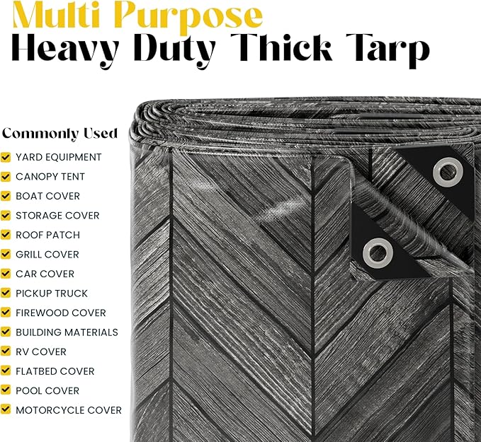Core Tarps Extreme Heavy Duty 20 Mil Tarp Cover, Waterproof, UV Resistant, Rip and Tear Proof, Poly Tarpaulin with Reinforced Edges for Roof, Camping, Patio, Pool, Boat (Grey Wood/Black 24′ X 36′)