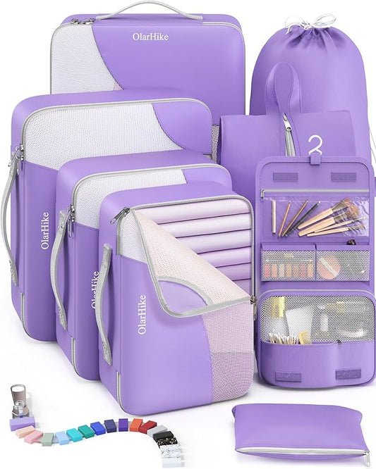 8 Set Packing Cubes for Travel, Gifts for Women Mom,Anti-Tearing Suitcase Organizer for Luggage with Shoe & Hanging Toiletry Bag,OlarHike Vacation Essentials & Accessories for Cruise Ship,Purple