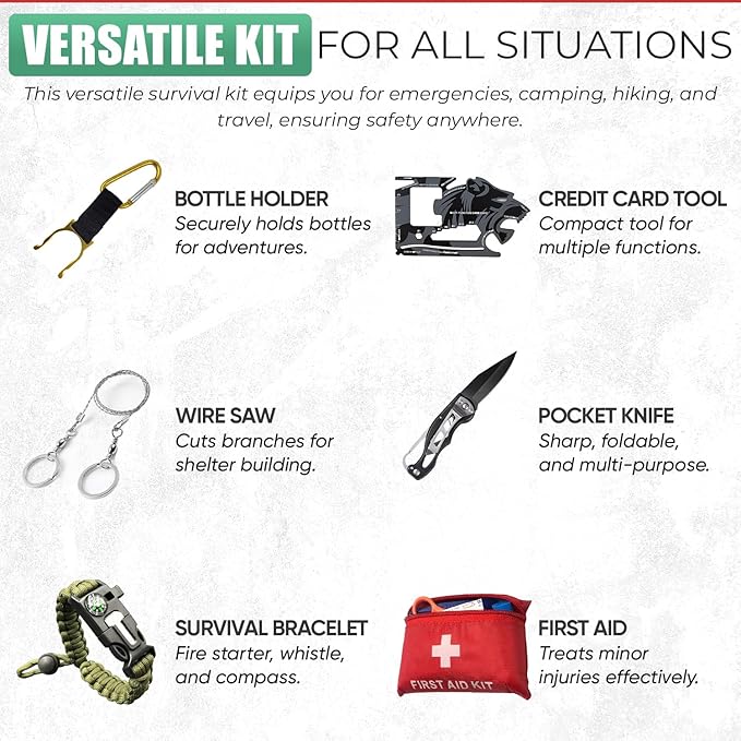 Survival Kit - All-in-One Survival Gear and Supplies for Camping, Hiking, Hunting, and Car Emergencies - Essential Tools, Great Gift for Men, Fathers, Boyfriends, Boys, Dads and Scouts
