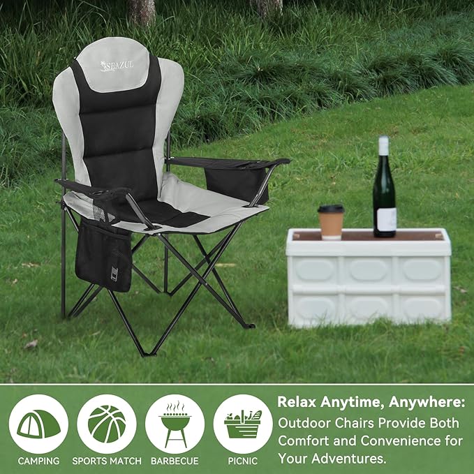 Camping Chairs 2 Pack, Camp Chair for Adults, Folding Chairs for Outside, Support 380 LBS, Portable Travel Lawn Outdoor Camping Chairs with Cup Holder & Cooler Bag, Sports Chairs for Baseball