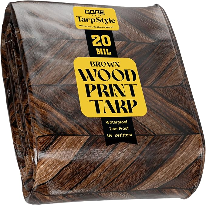 Core Tarps Extreme Heavy Duty 20 Mil Tarp Cover, Waterproof, UV Resistant, Rip and Tear Proof, Poly Tarpaulin with Reinforced Edges for Roof, Camping, Patio, Pool, Boat (Brown Wood/Black 10′ X 20′)