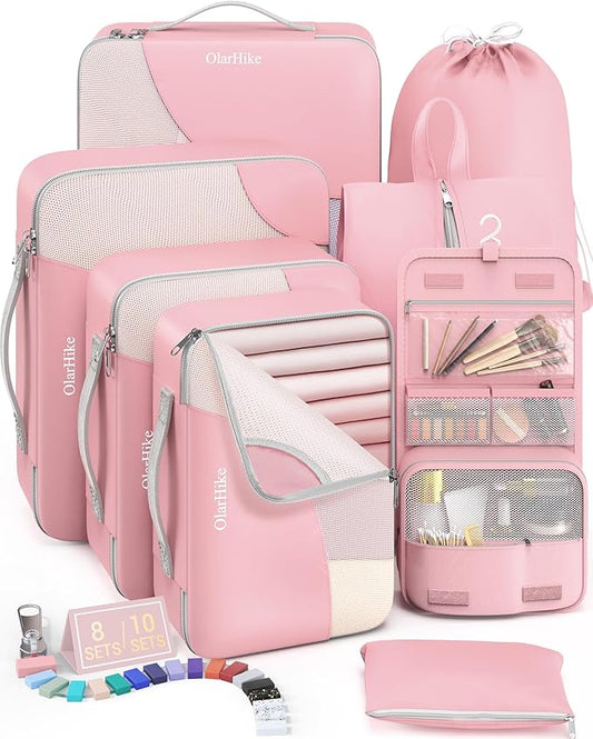 8 Set Packing Cubes for Travel, Gifts for Women Mom,Anti-Tearing Suitcase Organizer for Luggage with Shoe & Hanging Toiletry Bag,OlarHike Vacation Essentials & Accessories for Cruise Ship,Dream Pink