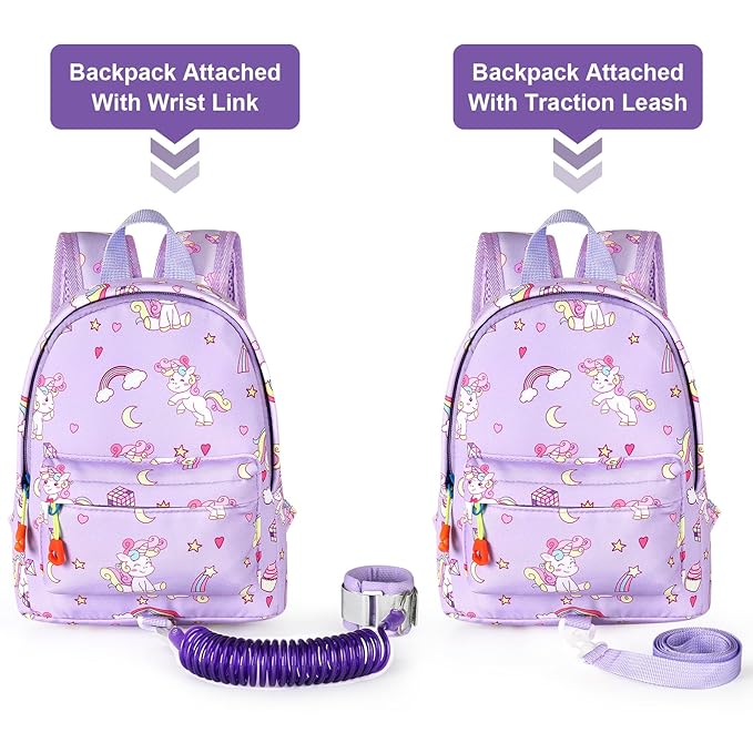 Accmor Toddler Backpack Leash with Anti Lost Wrist Link, Cute Mini Child Walking Harnesses Keep Kids Close Back Pack Rope Tether Rein for Baby Boys (Purple/Unicorn)
