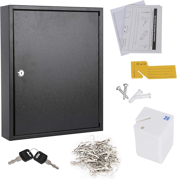 KYODOLED Key Storage Lock Box with Key, Locking Key Cabinet, 100 Key Management Wall Mount with Key Lock, Key Hooks & Tags Key Labels, 3.1" D x 17.1" W x 14.1" H (Black 100 Key)