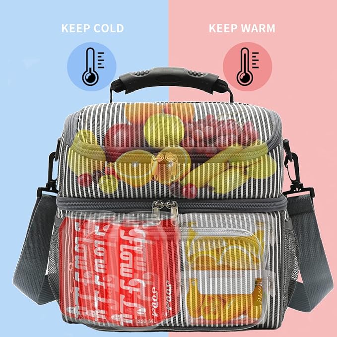 FlowFly Double Layer Cooler Insulated Lunch Bag Adult Lunch Box Large Tote Bag for Men, Women, With Adjustable Strap,Front Pocket and Dual Large Mesh Side Pockets