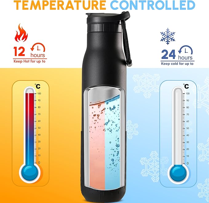 Insulated Stainless Steel Water Bottles with Straw, Wall Vacuum Insulated Water Bottle with Straw for Gym Traveling Camping Hiking Outdoor Activity(2 Cleaning Brushes+1 Carabiner, 26 oz Black)