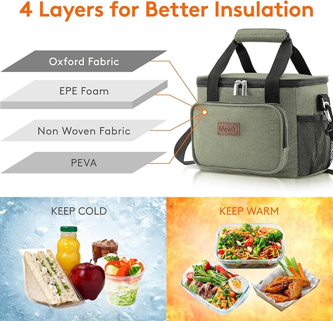 Lifewit Medium Lunch Bag Insulated Lunch Box Soft Cooler Cooling Tote for Adult Men Women, Dark Green 12-Can (9L)