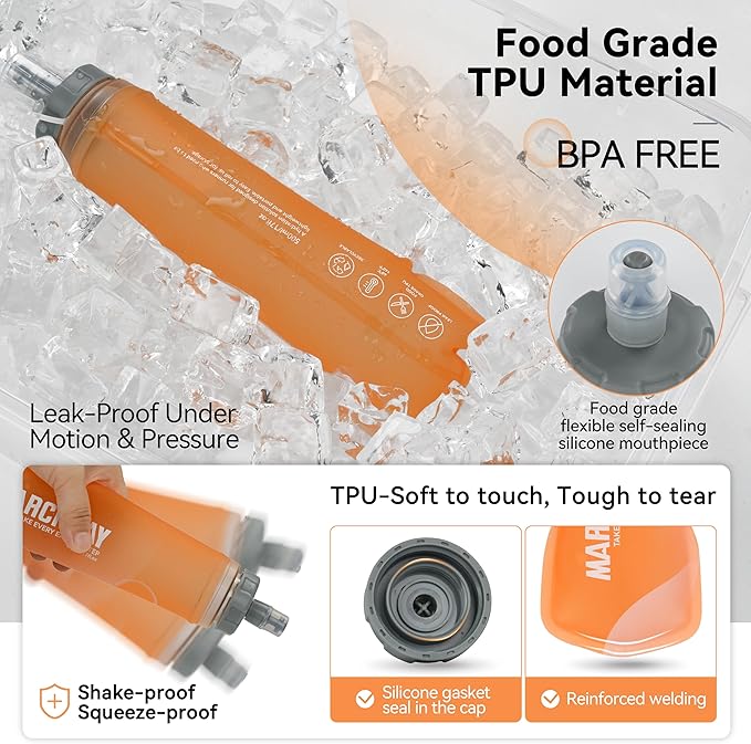 MARCHWAY Soft Hydration Flask with Wide Mouth, 300ml/500ml Collapsible TPU Water Bottle, Leakproof Portable Flexible for Running, Hiking, Cycling, Climbing, Gym, Travel (2pcs Orange 300ml)