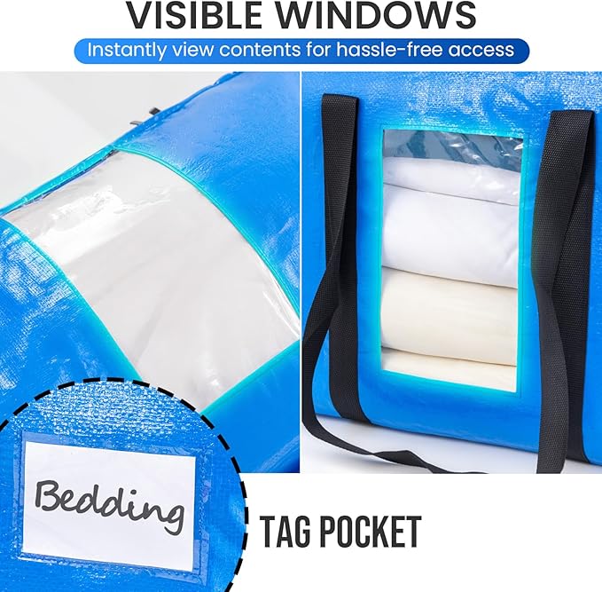 TAILI 2 Tier Extra Large Moving Bags, 4 Pack Blue Heavy Duty Totes For Storage with Visible Window, Wrap Around Handles, Storage Bags for Space Saving, Alternative to Moving Boxes