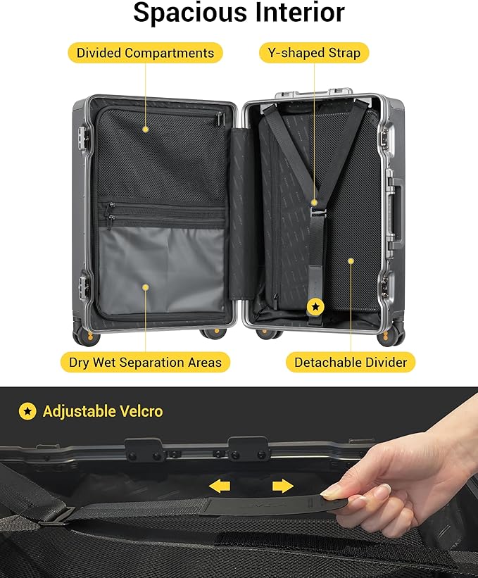 LEVEL8 Zipperless Carry On Luggage Airline Approved with Aluminum Frame, Hard Shell Suitcase with Spinner Wheels, Metal Checked Luggage with Packing Organizers, 20 Inch, Grey