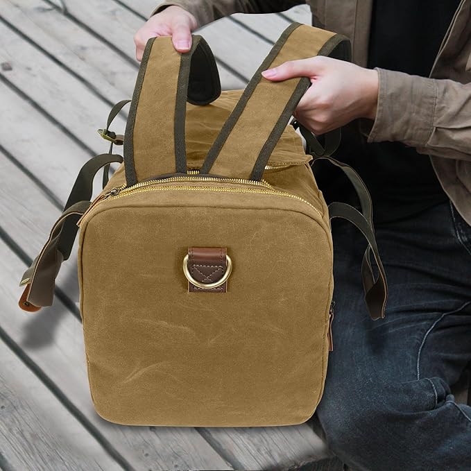 50L Duffle Bag for Men, Nomad Waxed Canvas Travel Duffel Bag Vintage Genuine Leather Travel Handbag Upgraded Weekender Overnight Backpack with Shoes Compartment (Vintage Brown)