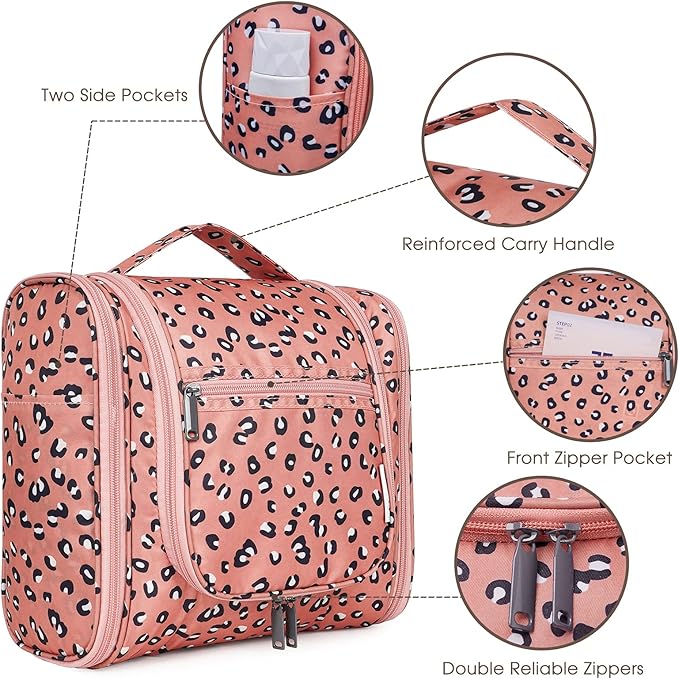 Narwey Hanging Cheetah Toiletry Bag for Women Travel Makeup Bag Organizer Toiletries Bag for Cosmetics Essentials Accessories (Large, Orange Leopard)