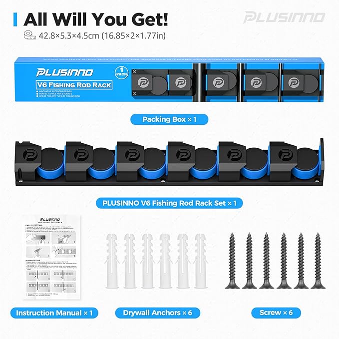 PLUSINNO Fishing Rod Holders - V6 Vertical Support for Extra Large & Heavy Fishing Rod Combos, Garage & Wall Mounted Rack Storage