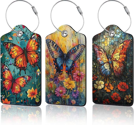 3 Pack Vintage Butterfly Wildflower Luggage Tags for Suitcases,Cute Leather Name Tag with Privacy Cover with Stainless Steel Loops, Travel ID Bag Tags for Women Men