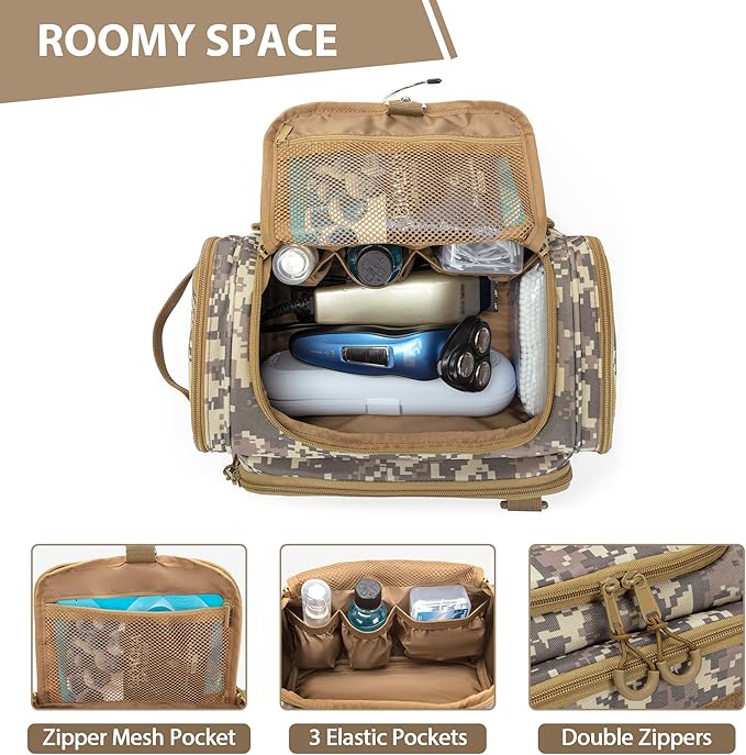 Tactical Toiletry Bag for Men, Hanging Hygiene Bag, Travel Dopp Kit Organizer for Shaving, Shower Essentials and Toiletries, Desert Yellow (Empty Bag)