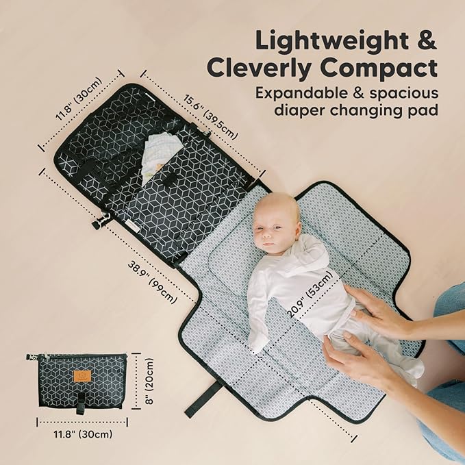 KeaBabies Portable Diaper Changing Pad - Large Waterproof Baby Changing Mat, Compact Travel Diaper Clutch, Functional Pockets Fit Newborn Essentials, Wipeable & Padded Baby Changer (Black Geo)