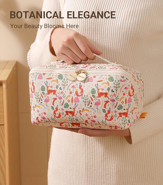 Aveniee Travel Makeup Bag for Women, Large Cosmetic Organizer with Open-Flat Design, Clear Divider & Handle - Waterproof PU Leather Toiletry Pouch