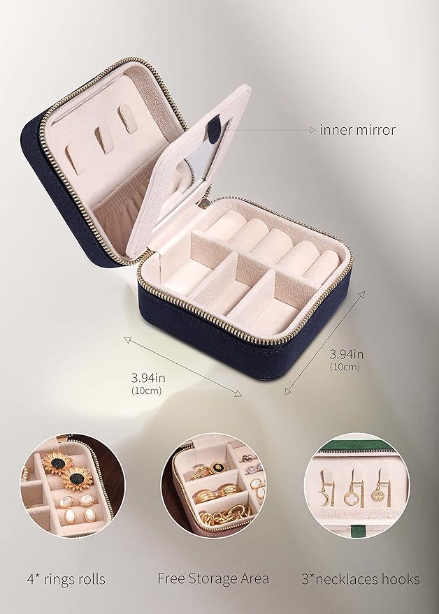 S.Leaf Travel Jewelry Organizer Travel Jewelry Boxes for Women Small Jewelry Travel Case Box Portable Travel Jewelry Case Travel Case Mini Jewelry (06_Suede_Touch_Navy)