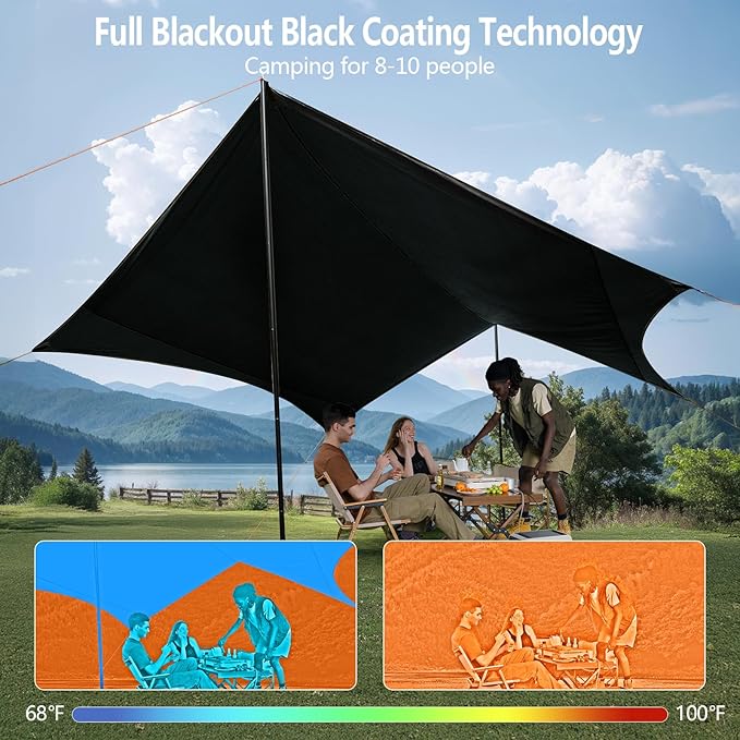 Camping Tarp with Poles & Retainer,15x12.5FT Large Waterproof 210D Oxford Cloth Camping Canopy, Anti-UV UPF100+ Tent Tarp Car Awning for Outdoor, Picnic, Hammock, Car, Backpacking (Khaki-Black)
