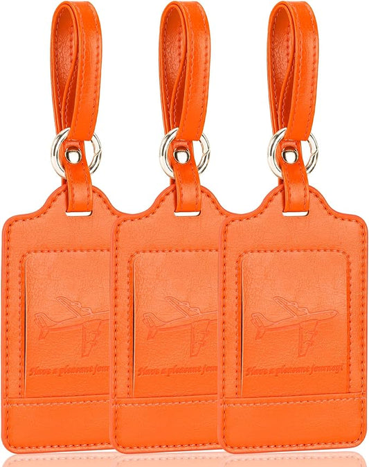 Teskyer Luggage Tags, 3 Pack Premium PU Leather Luggage Tags for Suitcases, Privacy Protection Travel Bag Tags, Orange