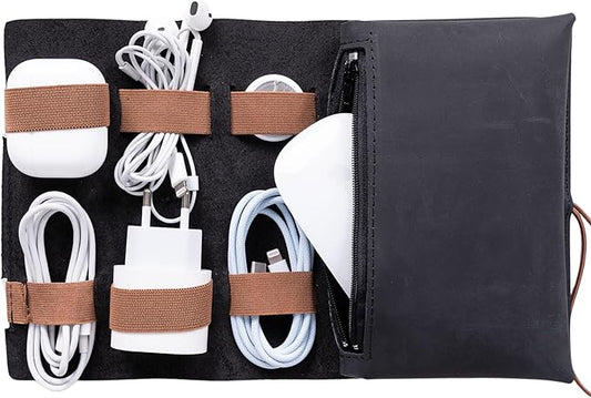 HARDISTON Genuine Leather Electronic Cable Organizer Bag Handmade Travel Cord Organizer Roll Case for Hard Drives, Cables, Charger, Phone, USB, SD Card (Medium - Black)