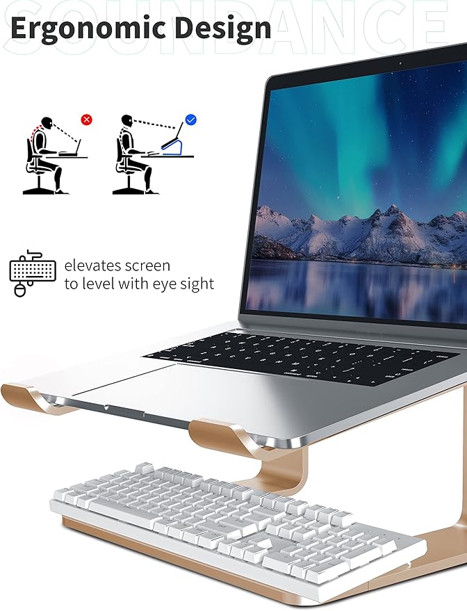 SOUNDANCE Laptop Stand, Aluminum Computer Riser, Ergonomic Laptops Elevator for Desk, Metal Holder Compatible with 10 to 15.6 Inches Notebook Computer, Gold