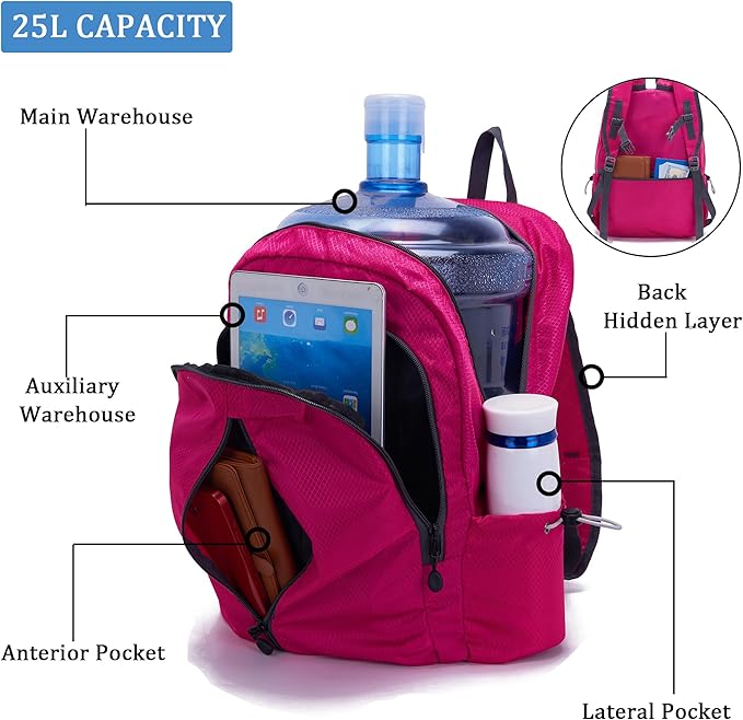 YZAOLL 25L Lightweight Packable Hiking Backpack Waterproof Hiking Daypack for Women Men Gym Backpack Travel Camping Vacation,Rose