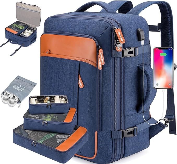 Travel Laptop Backpack,42L Carry on Luggage, Flight Approved Expandable Backpack,Business Anti Theft Weekender Bags for Women Men, Water Resistant Expandable Backpacks With 4 Packing Cubes
