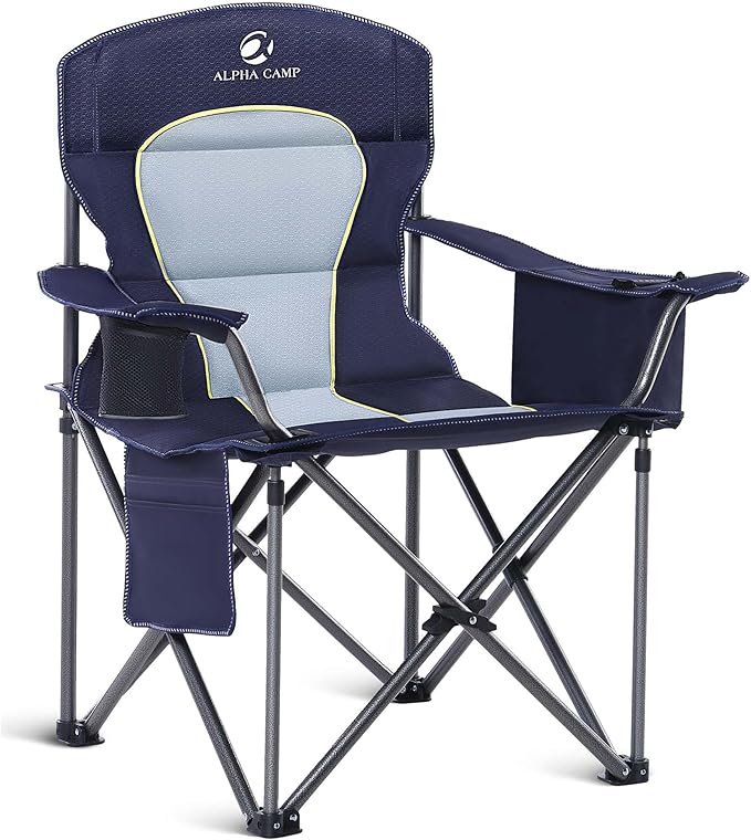 ALPHA CAMP Oversized Camping Chair Heavy Duty Lawn Chair with Cooler Bag Support 450 LBS Steel Frame Collapsible Padded Arm Quad Lumbar Back Folding Chair for Lawn Outdoor