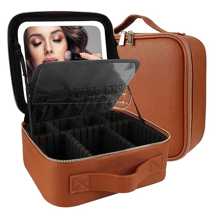 MOMIRA Travel Makeup Bag Cosmetic Bag Makeup Organizer Bag with Lighted Mirror, Adjustable Brightness in 3 Color Scenarios, Waterproof Makeup Train Case, Gift for Women - Tangerine Brown