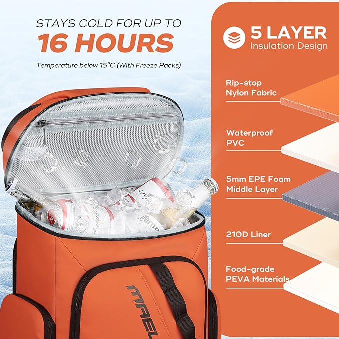 Maelstrom Backpack Cooler,36 Can Cooler Backpack,Soft Cooler Bag Insulated Leakproof,Lightweight Ice Chest Backpack,Travel Cooler Lunch Backpack for Camping,Hiking,Beach,Orange