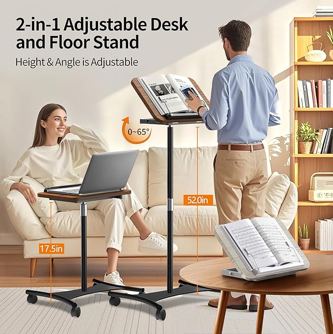 NAMON Laptop Floor Stand with Wheels - 2 in 1 Dual-use Floor & Desk, Adjustable Height from 16.5" to 51", Stable Standing for Projector, Ipad (Walnut Effect)