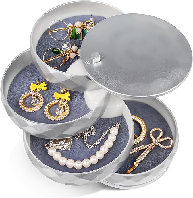 CONBOLA Travel Jewelry Case Box, Small Jewelry Organizer Earring Holder for Women, 5-Layer Rotating Jewelry Storage Tray with Lid for Bracelets Rings Bracelets