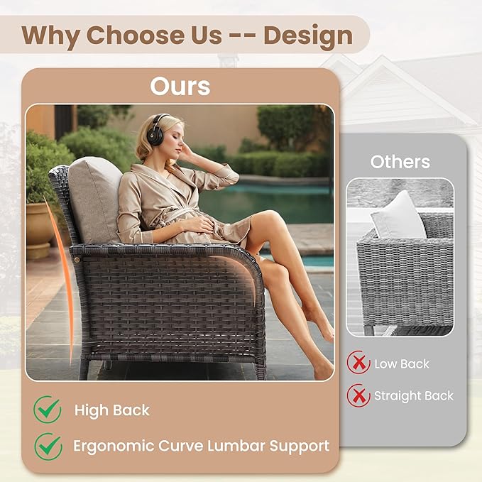 HOOOWOOO Patio Furniture Set,3 Pieces Outdoor Conversation Set,All Weather Wicker Bistro Set Yard Porch High Back Chairs Side Table,Beige