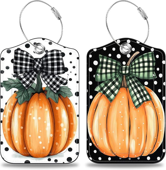 2 Pcs Pumpkin with Checkered Bow Luggage Tags for Suitcases Polka Dots PU Leather Baggage Tags Name ID Label with Privacy Cover and Stainless Steel Loop for Men Women Travel Bag Suitcase
