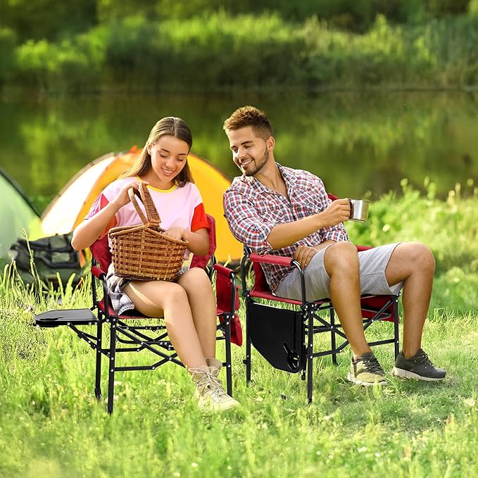 VINGLI Camping Chairs, Directors Chair, Camping Chair with Side Table & Carry Bag，Heavy Duty Camping Chairs for Adults, Portable Folding Camping Chair, Pocket for Beach, Fishing,Trip,Picnic,Lawn-Red