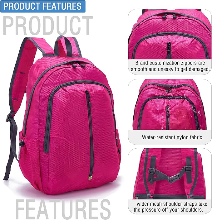 YZAOLL 25L Lightweight Packable Hiking Backpack Waterproof Hiking Daypack for Women Men Gym Backpack Travel Camping Vacation,Rose
